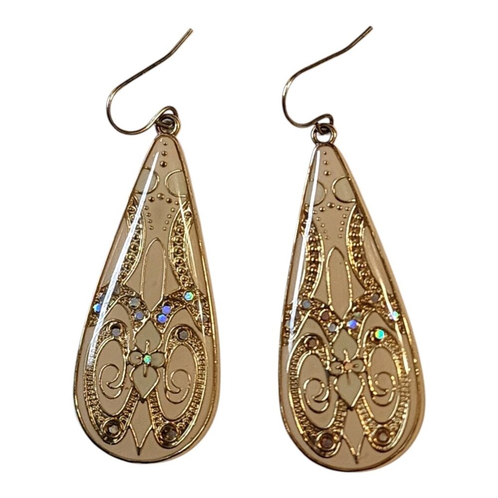 Silvertone Cream Gold Design Teardrop Earrings